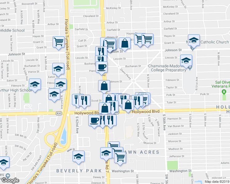 map of restaurants, bars, coffee shops, grocery stores, and more near 5923 Taylor Street in Hollywood