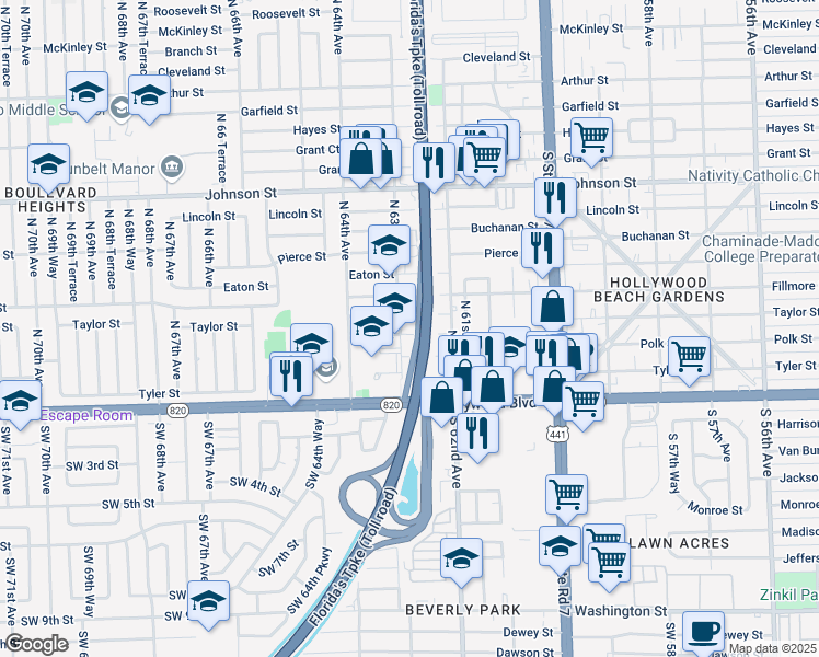 map of restaurants, bars, coffee shops, grocery stores, and more near 6300 Taylor Street in Hollywood