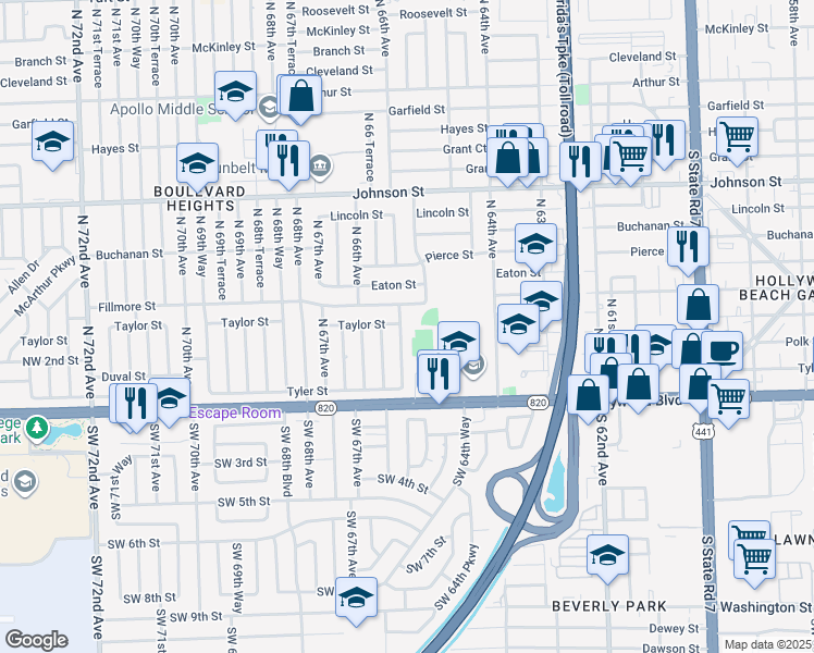 map of restaurants, bars, coffee shops, grocery stores, and more near 6541 Taylor Street in Hollywood