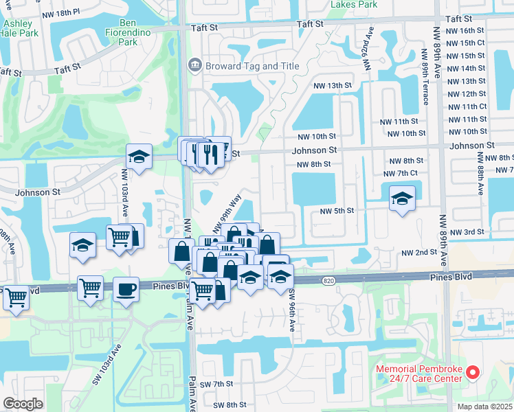 map of restaurants, bars, coffee shops, grocery stores, and more near 530 Northwest 98th Avenue in Pembroke Pines
