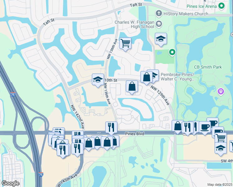 map of restaurants, bars, coffee shops, grocery stores, and more near 872 Northwest 134th Avenue in Pembroke Pines