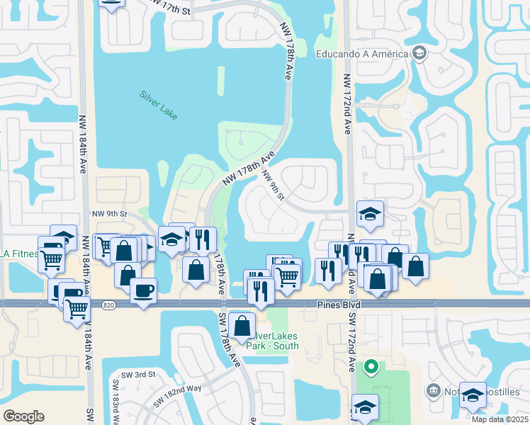 map of restaurants, bars, coffee shops, grocery stores, and more near 17525 Northwest 7th Court in Pembroke Pines
