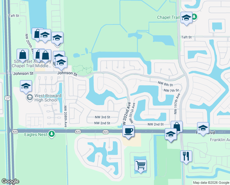 map of restaurants, bars, coffee shops, grocery stores, and more near 20251 Northwest 7th Street in Pembroke Pines