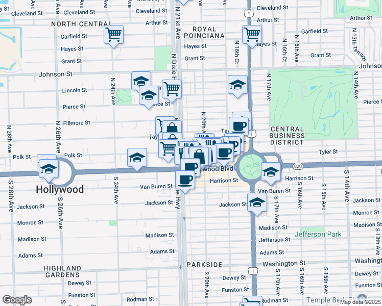 map of restaurants, bars, coffee shops, grocery stores, and more near 2030 Polk Street in Hollywood