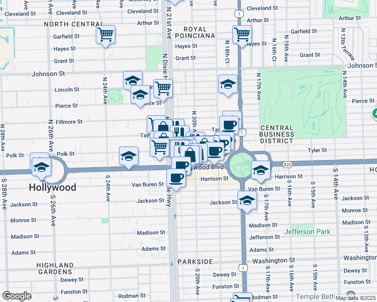 map of restaurants, bars, coffee shops, grocery stores, and more near 2030 Polk Street in Hollywood