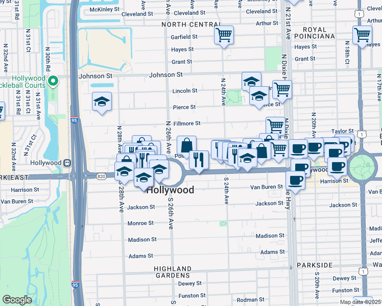 map of restaurants, bars, coffee shops, grocery stores, and more near 2461 Polk Street in Hollywood