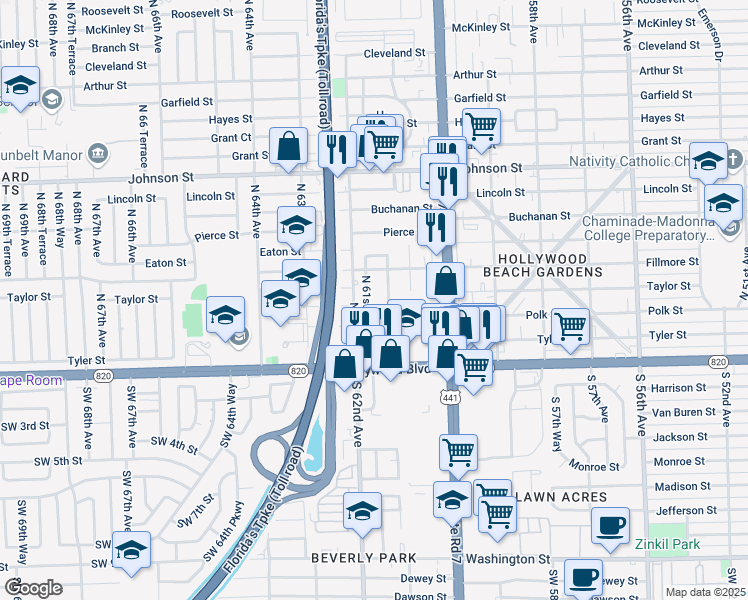 map of restaurants, bars, coffee shops, grocery stores, and more near 317 North 61st Terrace in Hollywood