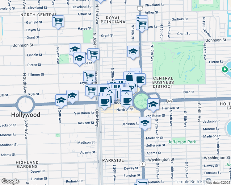 map of restaurants, bars, coffee shops, grocery stores, and more near 1942 Polk Street in Hollywood