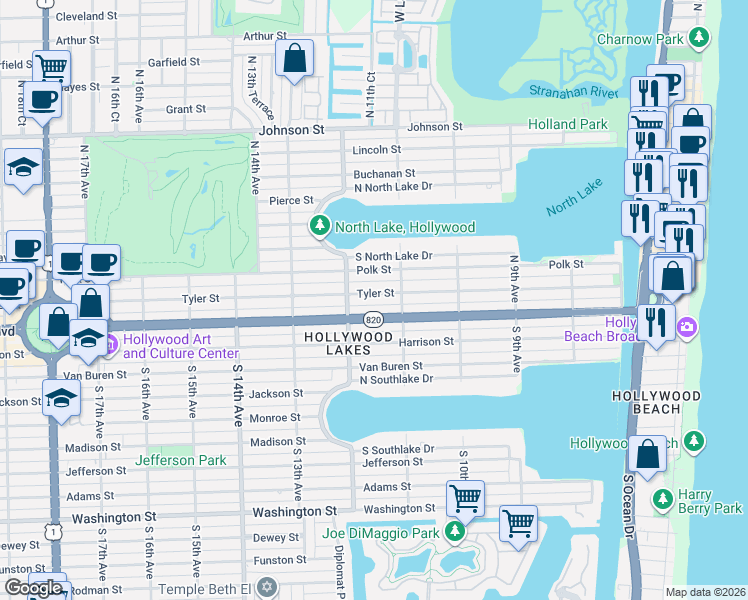 map of restaurants, bars, coffee shops, grocery stores, and more near 1111 Tyler Street in Hollywood