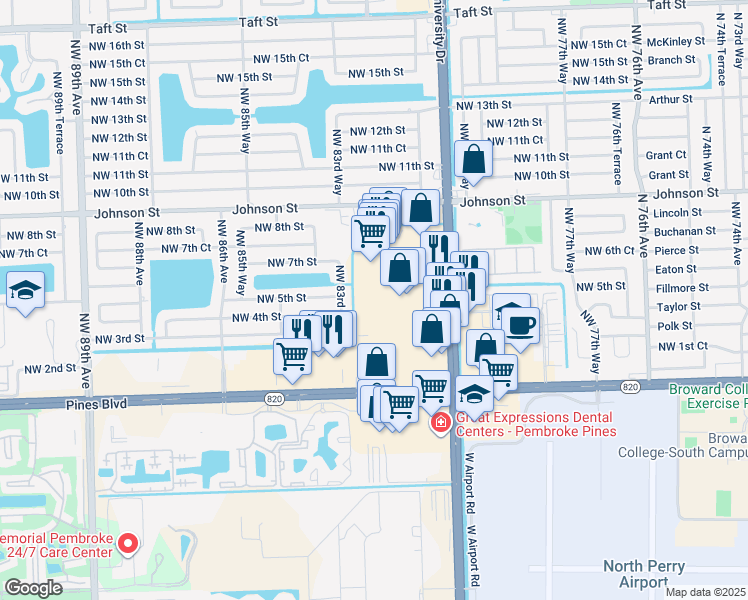 map of restaurants, bars, coffee shops, grocery stores, and more near 500 North University Drive in Pembroke Pines