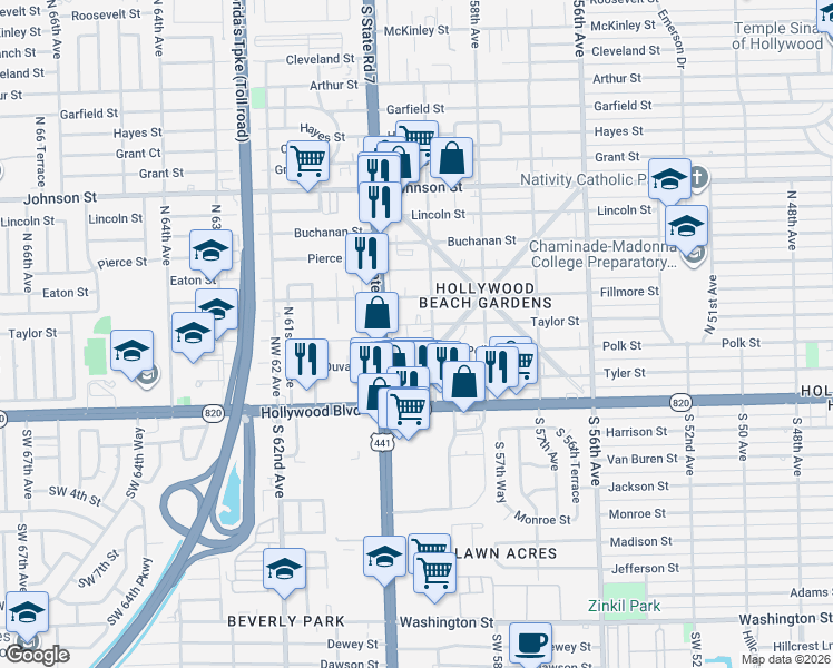 map of restaurants, bars, coffee shops, grocery stores, and more near 5923 Taylor Street in Hollywood