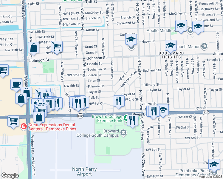 map of restaurants, bars, coffee shops, grocery stores, and more near 7420 Fillmore Street in Hollywood