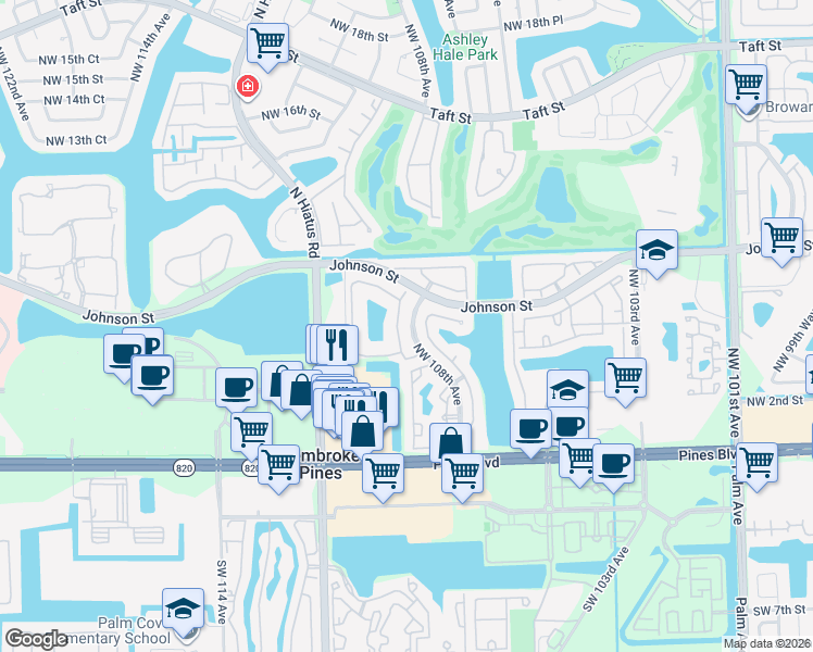 map of restaurants, bars, coffee shops, grocery stores, and more near 515 Northwest 108th Terrace in Pembroke Pines