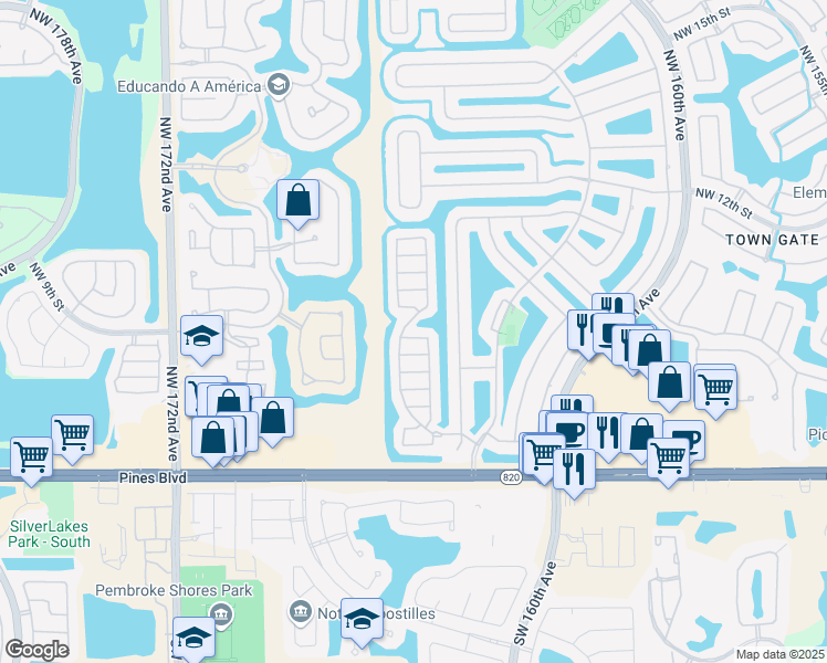 map of restaurants, bars, coffee shops, grocery stores, and more near 16565 Northwest 6th Street in Pembroke Pines