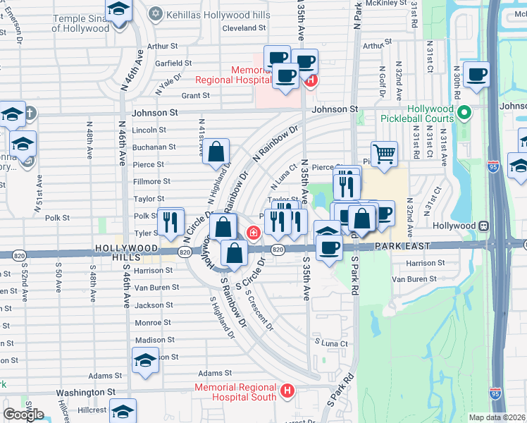 map of restaurants, bars, coffee shops, grocery stores, and more near 3711 Polk Street in Hollywood