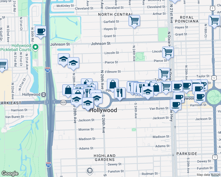 map of restaurants, bars, coffee shops, grocery stores, and more near 2525 Polk Street in Hollywood