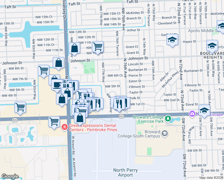 map of restaurants, bars, coffee shops, grocery stores, and more near 7750 Northwest 5th Street in Pembroke Pines