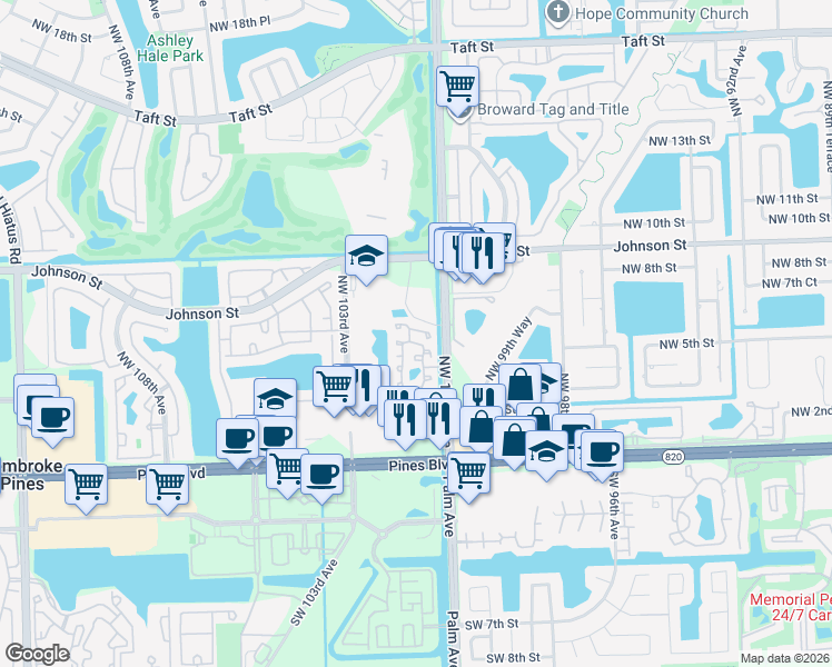 map of restaurants, bars, coffee shops, grocery stores, and more near 10201 Northwest 6th Street in Pembroke Pines
