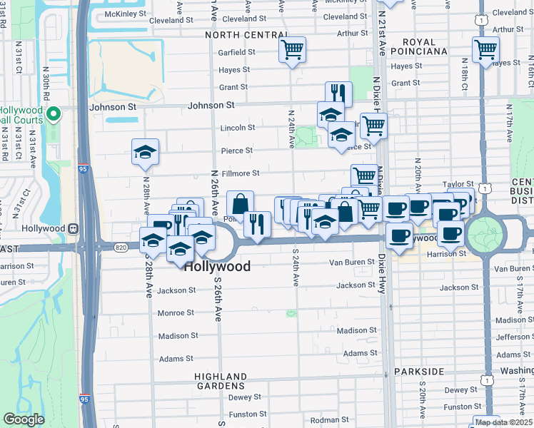 map of restaurants, bars, coffee shops, grocery stores, and more near 2417 Polk Street in Hollywood