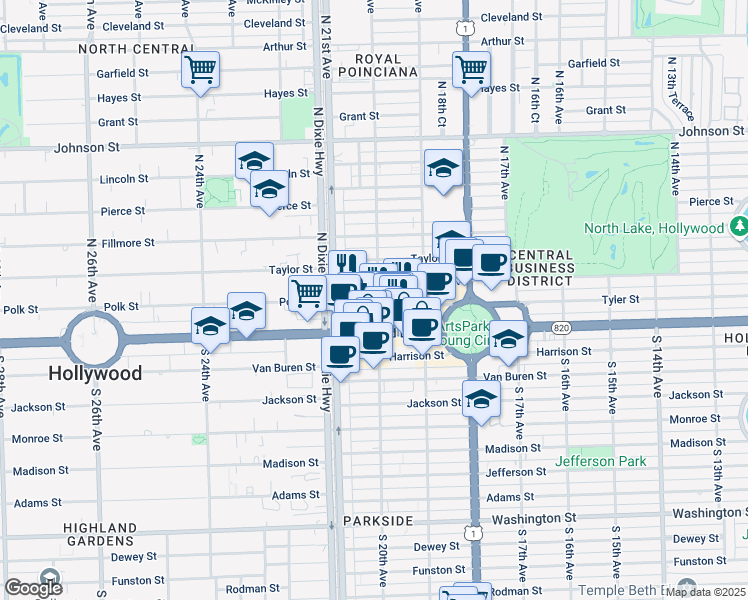 map of restaurants, bars, coffee shops, grocery stores, and more near 1942 Polk Street in Hollywood