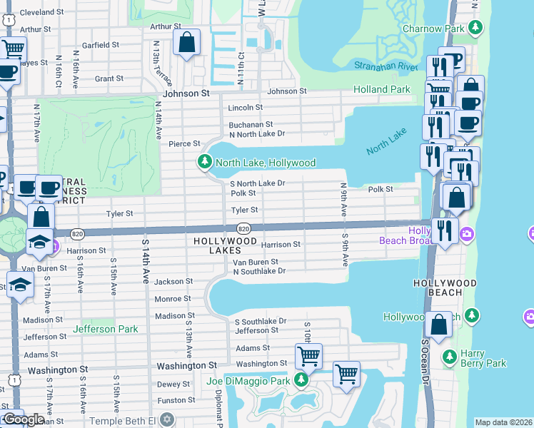 map of restaurants, bars, coffee shops, grocery stores, and more near 1111 Tyler Street in Hollywood