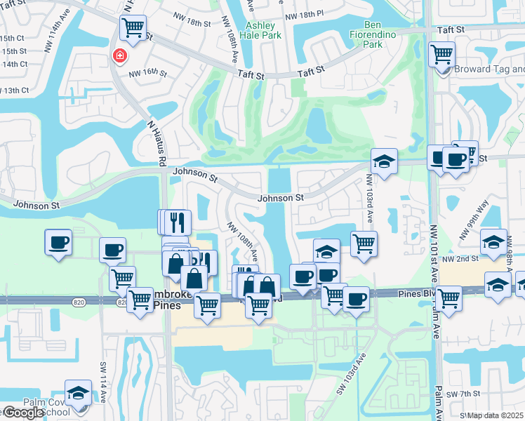 map of restaurants, bars, coffee shops, grocery stores, and more near 10639 Northwest 7th Street in Pembroke Pines