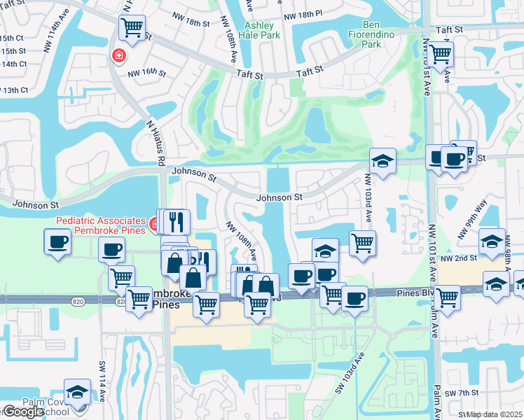 map of restaurants, bars, coffee shops, grocery stores, and more near 10639 Northwest 7th Street in Pembroke Pines
