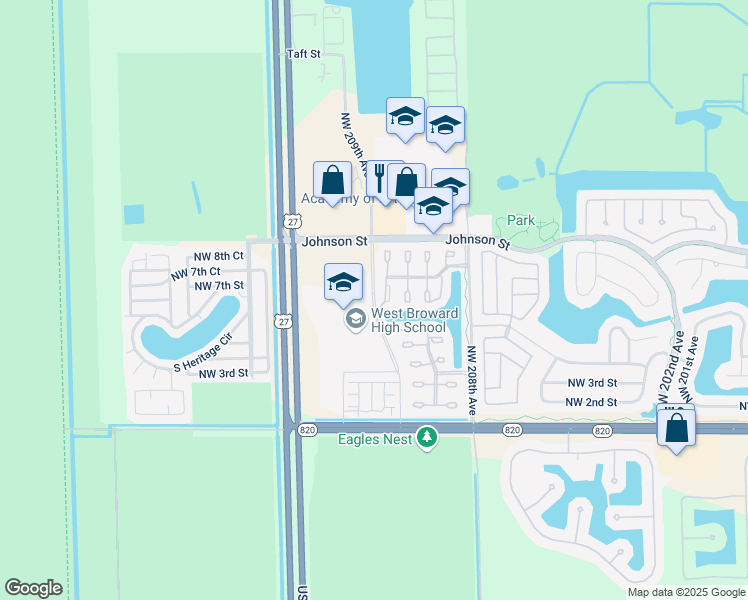 map of restaurants, bars, coffee shops, grocery stores, and more near 500 Northwest 209th Avenue in Pembroke Pines