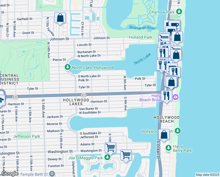 map of restaurants, bars, coffee shops, grocery stores, and more near 959 Tyler Street in Hollywood