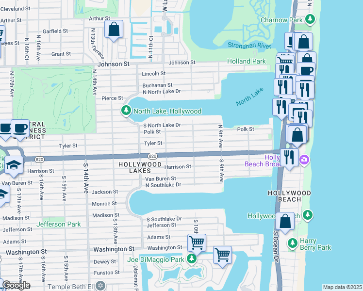 map of restaurants, bars, coffee shops, grocery stores, and more near 1037 Tyler Street in Hollywood