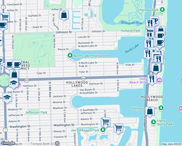 map of restaurants, bars, coffee shops, grocery stores, and more near 1111 Tyler Street in Hollywood