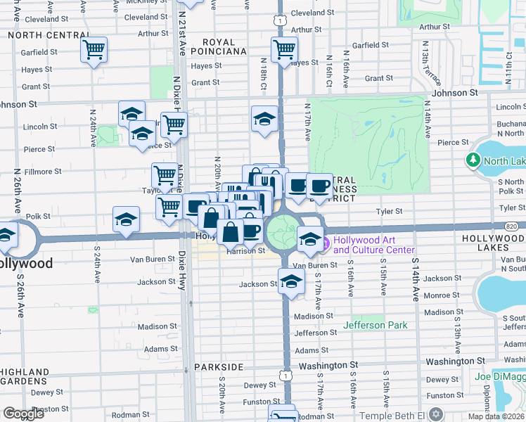 map of restaurants, bars, coffee shops, grocery stores, and more near 1892 Polk Street in Hollywood