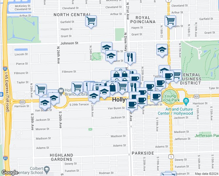map of restaurants, bars, coffee shops, grocery stores, and more near 2235 Polk Street in Hollywood