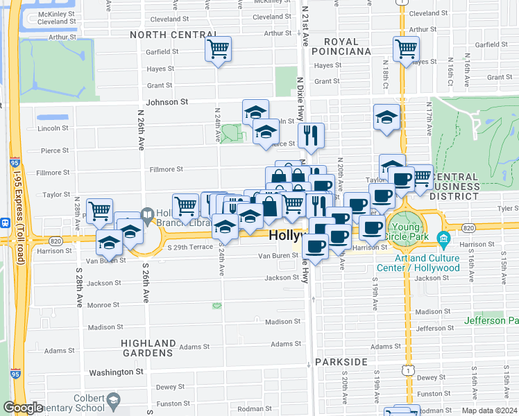 map of restaurants, bars, coffee shops, grocery stores, and more near 2235 Polk Street in Hollywood