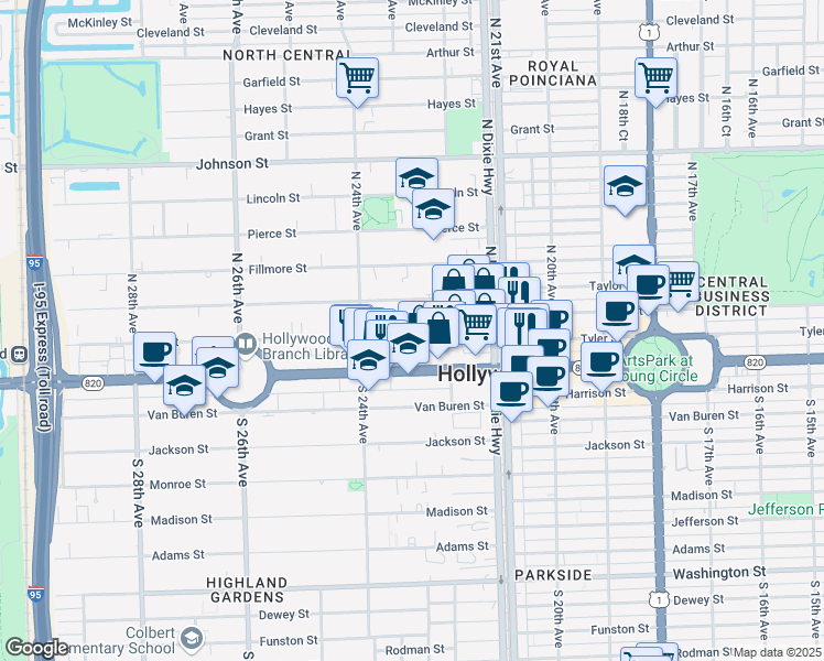 map of restaurants, bars, coffee shops, grocery stores, and more near 2235 Polk Street in Hollywood