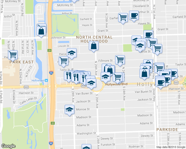 map of restaurants, bars, coffee shops, grocery stores, and more near 2615 Polk Street in Hollywood