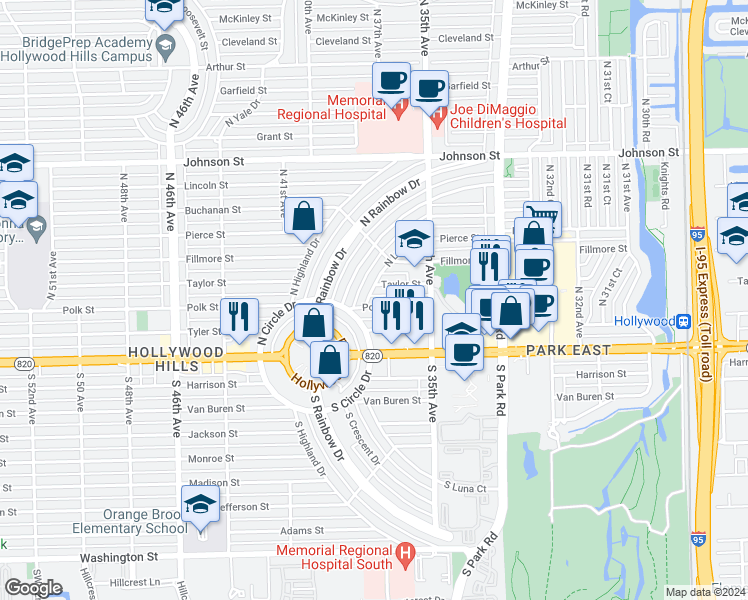 map of restaurants, bars, coffee shops, grocery stores, and more near 3700 Taylor Street in Hollywood