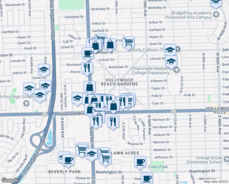 map of restaurants, bars, coffee shops, grocery stores, and more near 5829 Taylor Street in Hollywood