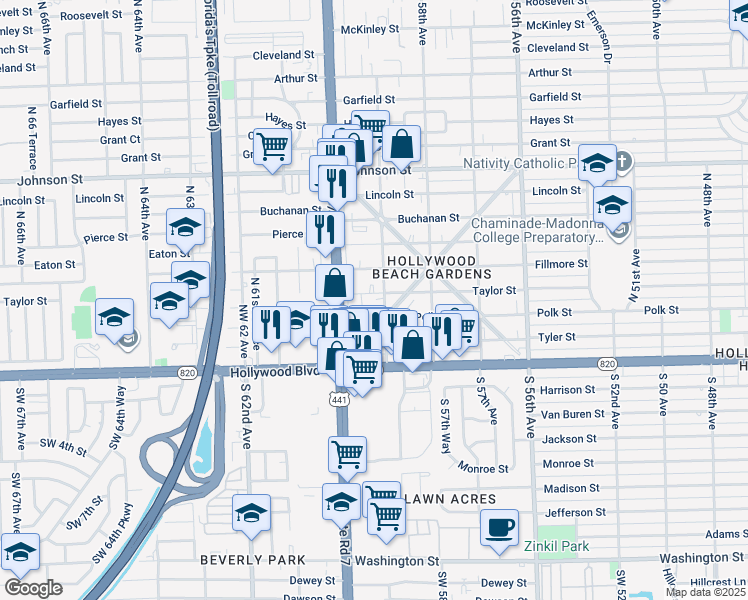 map of restaurants, bars, coffee shops, grocery stores, and more near 5923 Taylor Street in Hollywood