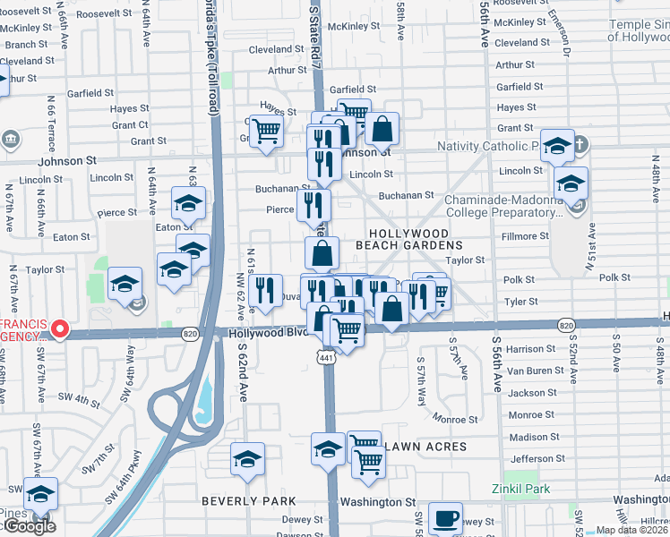 map of restaurants, bars, coffee shops, grocery stores, and more near 5923 Taylor Street in Hollywood