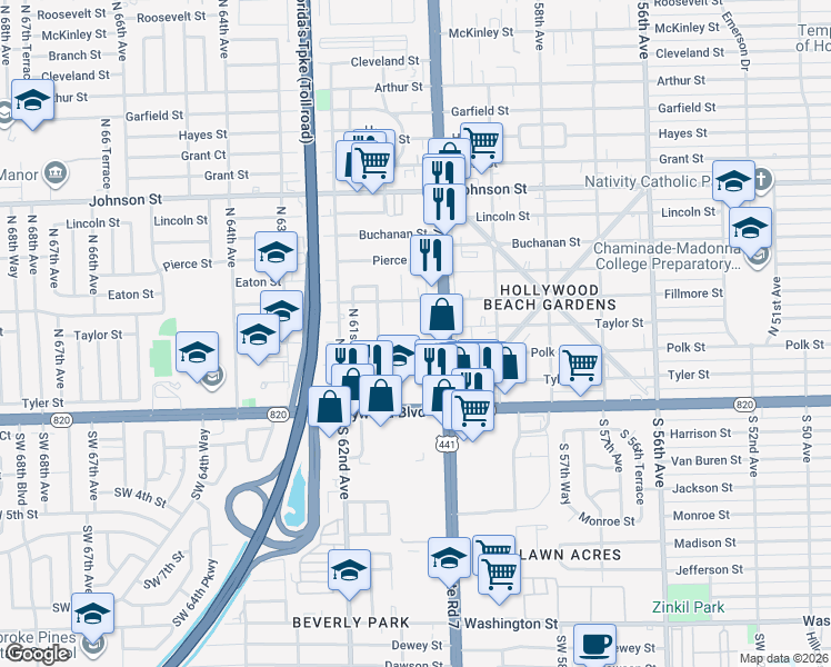 map of restaurants, bars, coffee shops, grocery stores, and more near 404 Northwest 60th Way in Hollywood