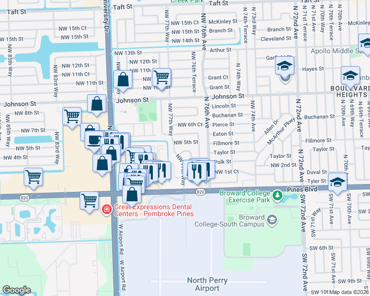 map of restaurants, bars, coffee shops, grocery stores, and more near 7750 Northwest 5th Street in Pembroke Pines