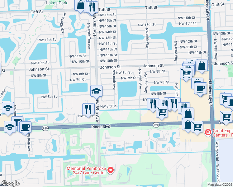 map of restaurants, bars, coffee shops, grocery stores, and more near 8810 Northwest 6th Street in Pembroke Pines