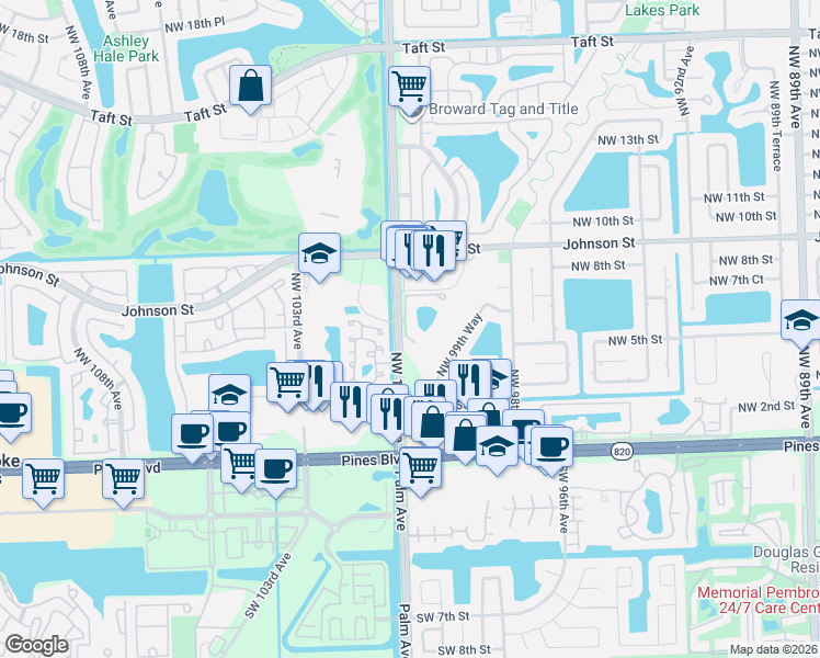 map of restaurants, bars, coffee shops, grocery stores, and more near 701 Promenade Drive in Pembroke Pines