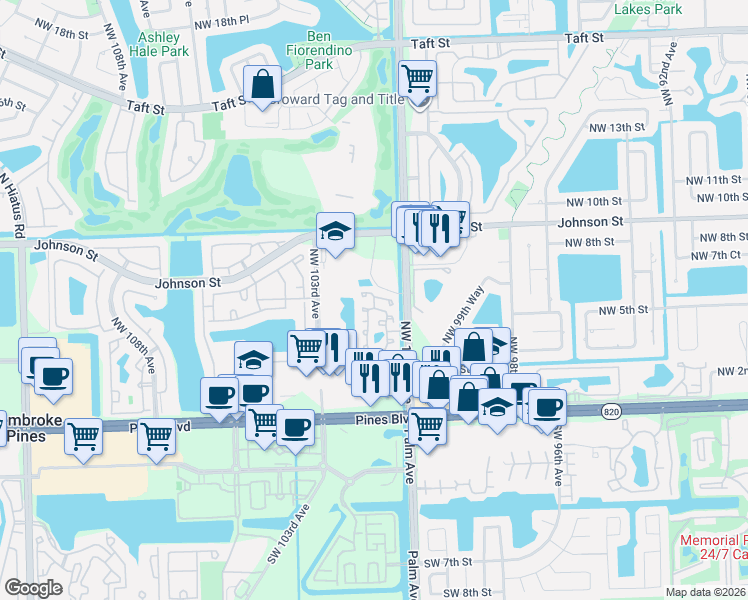 map of restaurants, bars, coffee shops, grocery stores, and more near 10201 Northwest 6th Street in Pembroke Pines