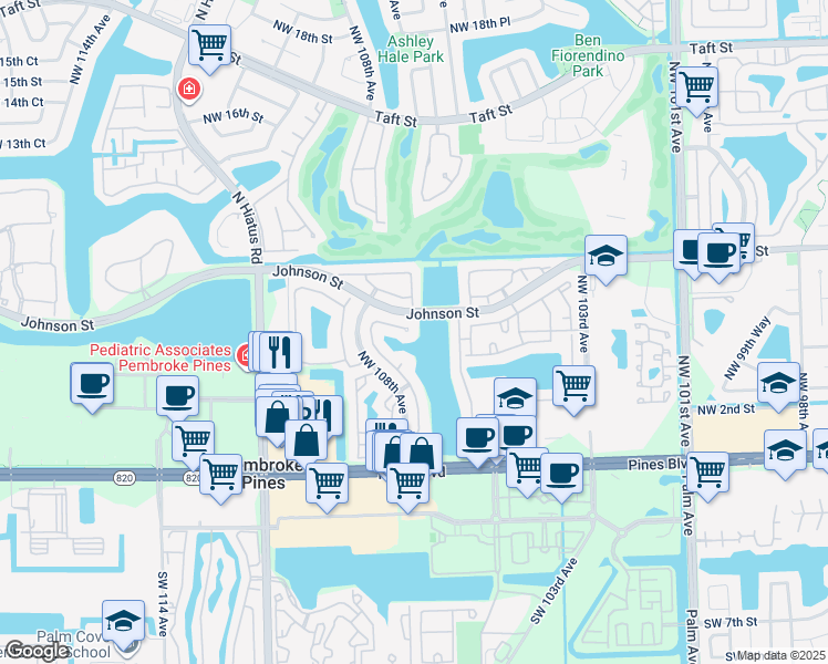 map of restaurants, bars, coffee shops, grocery stores, and more near 10639 Northwest 7th Street in Pembroke Pines