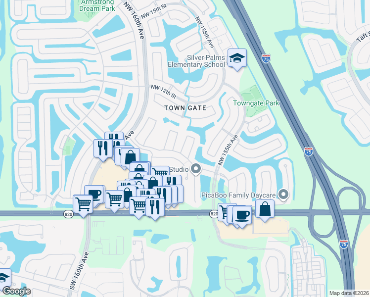 map of restaurants, bars, coffee shops, grocery stores, and more near 601 Northwest 157th Lane in Pembroke Pines