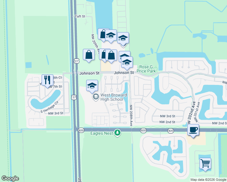 map of restaurants, bars, coffee shops, grocery stores, and more near 602 Northwest 208th Terrace in Pembroke Pines