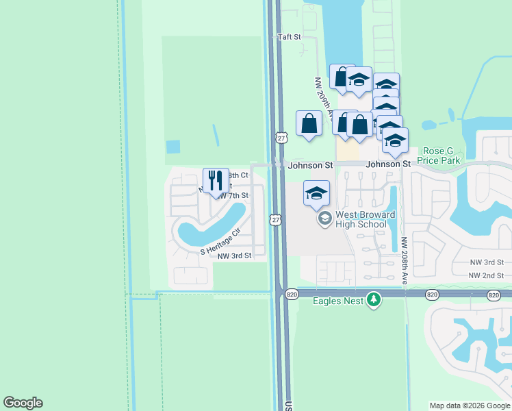 map of restaurants, bars, coffee shops, grocery stores, and more near 651 Johnson Street in Pembroke Pines