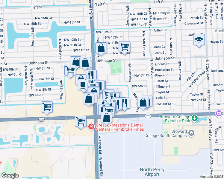map of restaurants, bars, coffee shops, grocery stores, and more near 7840 Northwest 3rd Street in Pembroke Pines